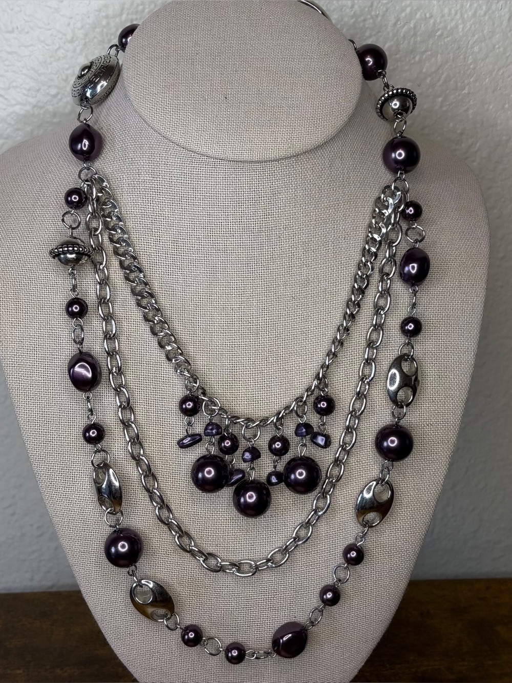 Boho Silver & Plum Triple Stranded Statement Necklace